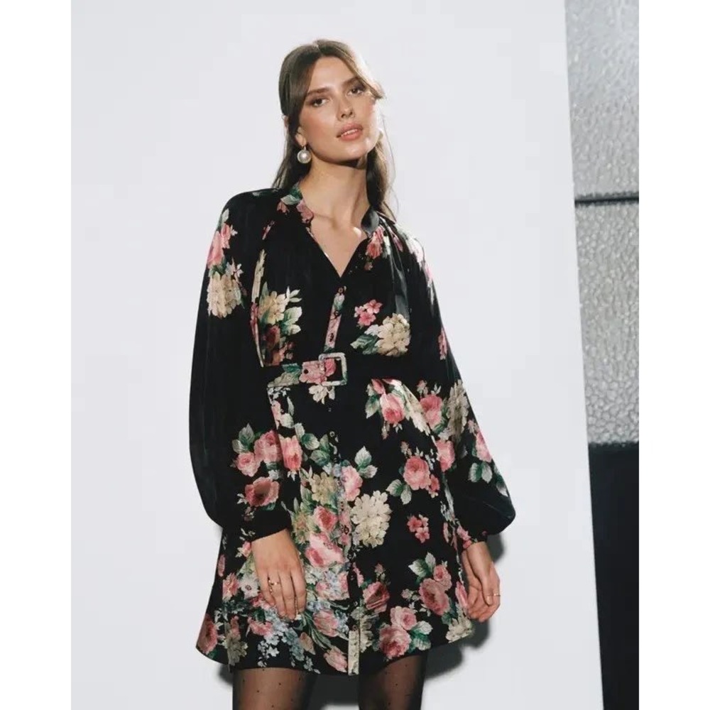 byTiMo Flower Market Cupro Button‎ Down Mini Dress Black Floral Belted Small